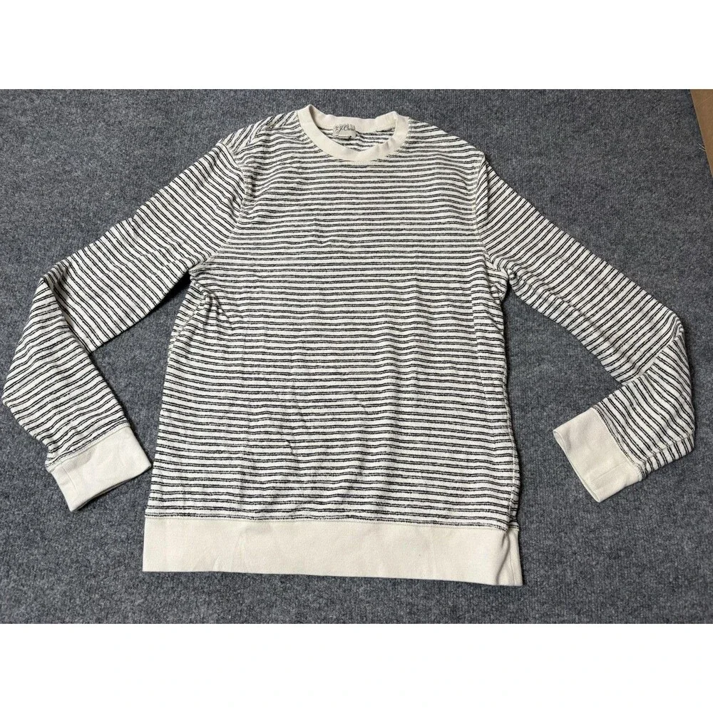 J.CREW Sweater Mens M White Cotton Black Stripes Knit Pullover Long Sleeve